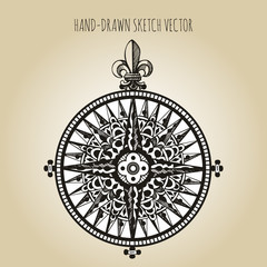 Windrose, Wind rose, compass, Design element of vintage nautical maps. Hand-drawn sketch vector
