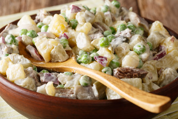 Latvian potato salad rasol with herring and beef close-up in a bowl on a table. Horizontal