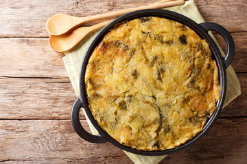 Healthy dietary English food Bubble & Squeak from baked mashed potatoes with cabbage and Brussels...