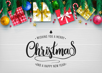 Elegant Merry Christmas and Happy New Year Typography Gold Color Greeting Message with Realistic Christmas 
