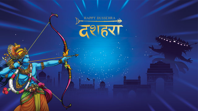 vector illustration of Lord Rama killing Ravana in Happy Dussehra Navratri poster festival of India. translation : dussehra