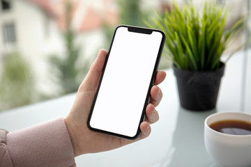 female hand holding touch phone with isolated screen in cafe