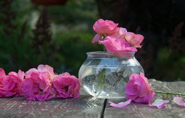 Pink rose bouquet on wooden rustic background
