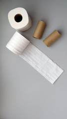 Flat lay of two toilet paper rolls and two brown paper cores