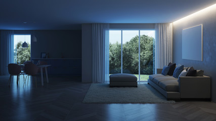 Modern house interior. Blue Kitchen. Night. Evening lighting. 3D rendering.