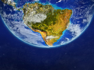 Fototapeta premium South America from space on model of planet Earth with country borders. Extremely fine detail of planet surface and clouds.
