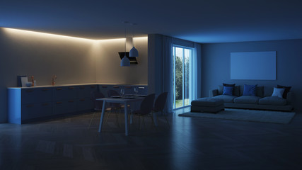 Modern house interior. Blue Kitchen. Night. Evening lighting. 3D rendering.