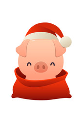 Cartoon cute pig in Santa Claus hat and red bag with isolated Merry Christmas and Happy New Year mood