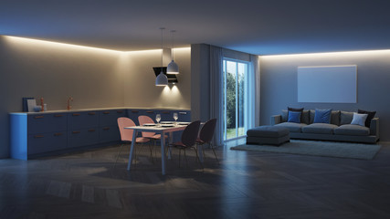 Modern house interior. Blue Kitchen. Night. Evening lighting. 3D rendering.