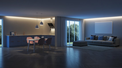 Modern house interior. Blue Kitchen. Night. Evening lighting. 3D rendering.