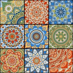 Seamless patchwork pattern with colorful mandalas in ethnic style.