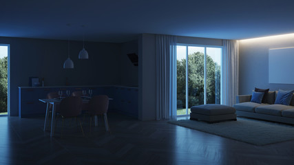 Modern house interior. Blue Kitchen. Night. Evening lighting. 3D rendering.