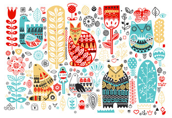 Nordic animals and birds and floral folk elements in Scandinavian style - obrazy, fototapety, plakaty