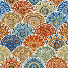 Colorful seamless patchwork pattern with mandalas in ethnic style. Decorative ornament.