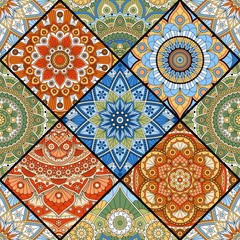 Seamless patchwork pattern with mandalas in ethnic style. Colorful print for fabric.