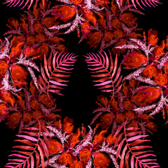 Watercolor vintage seamless background, monochrome. Vegetable, floral pattern, flower rose, peony, leaf, branches, stem. Fashionable art illustration, greeting card, background for your design. 