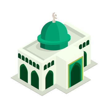 Minimalist Green Dome Mosque Islamic Worship Building Isometric Vector Illustration