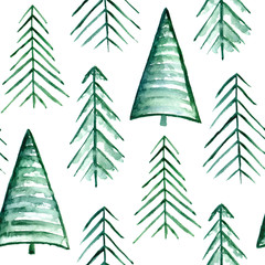 Simple fir-tree pattern isolated. Geometric green forest. Hand-drawn abstract watercolor illustration