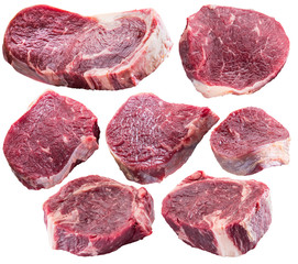 Raw beef steaks on white background. Clipping path.