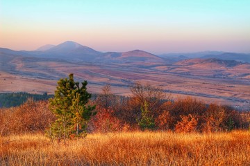 A scenic panoramic view of autumn trees, grass, fields and mountains during sunset at golden hour