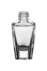 empty glass transparent bottle for perfumery, on white background, isolate