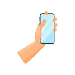 Human hand holding smartphone. Mobile phone with blue screen. Flat vector icon