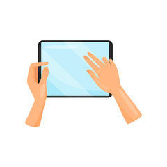 Human hand holding digital tablet and touching screen with fingers. Modern gadget. Mobile computer. Flat vector icon