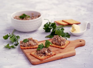 Forshmak, an appetizer of minced herring fillet with apple, onion and egg. Served with unsweetened...