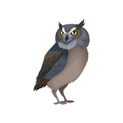 Owl with yellow eyes and blue-brown plumage. Wild flying creature. Flat vector element for ornithology book or poster