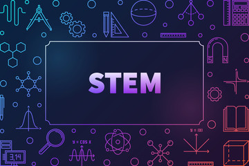 STEM colored horizontal frame with place for your text. Vector education concept illustration in thin line style on dark background