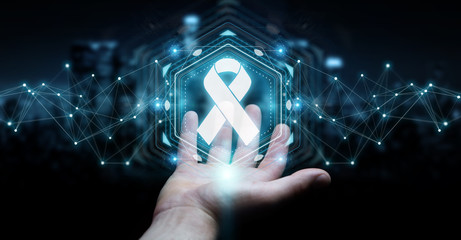 Businessman using digital ribbon cancer interface 3D rendering