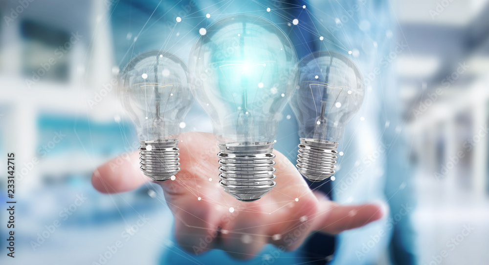Aufkleber businessman connecting modern lightbulbs with connections 3d rendering