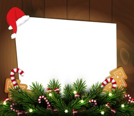 Christmas background. Holiday template for  greeting card, sale banner. Christmas and New year frame with gingerbreads and candies on wood background