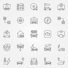 Electric vehicle outline icons set. Vector all-electric car and electric recharging point concept symbols in thin line style