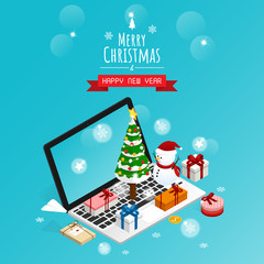 online merry christmas and happy new year,isometric snow man gift boxes vector