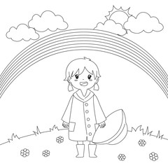 little girl holding her rain hat under the rainbow, cartoon vector illustration. Coloring page for kids template