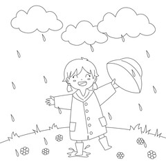 happy little girl playing under the rain, cartoon vector illustration. Coloring page for kids template
