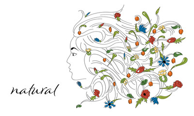 womans profile with full long hair and growing flowers