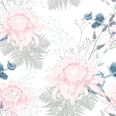 Hand draw seamless pattern with Japanese chrysanthemum, fern and herbs on white background. 