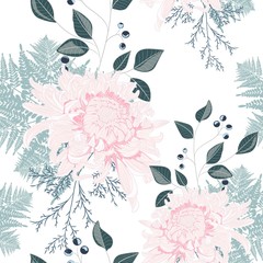 Hand draw seamless pattern with Japanese chrysanthemum, fern and berries on white background. 