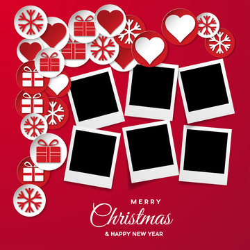 Christmas background with photos, blank frames. Vector template with pictures to insert