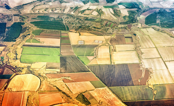 Aerial Satellite Landscape Air View Of Rural Land In Late Autumn With Agricultural Field Road Farm Building Village Settlement Forest Crops Panoramic Nature Environment Landmark Background Overview