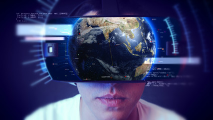 Young man wearing VR headset and experiencing virtual reality. Technology related digital earth network concept.