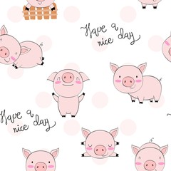 hand drawn vector seamless pattern with pigs.