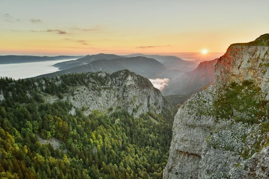 Creux du Van, rock face at sunrise, Le Soliat, canton of Jura, Switzerland, Europe