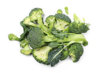 Fresh broccoli slices isolated on white background, top view