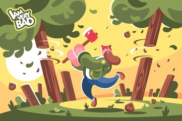 Lumberjack with ax cutting down trees in forest