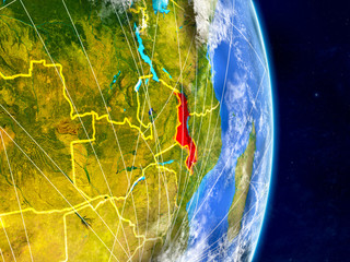 Malawi on planet Earth with networks. Extremely detailed planet surface and clouds.