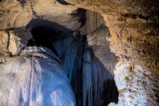 tourist landmark underground limestone cave with stalactites and stalagmites in the Crimea on mount AI-Petri