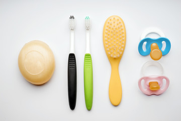 Composition with baby care accessories on white background